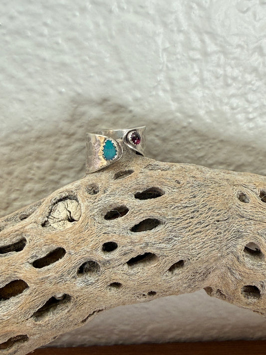 Opal & Garnet Adjustable Silver Ring